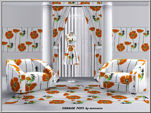 Sims 3 — Orange Pops_marcorse by marcorse — Fabric pattern: orange poppy flowers and leaves in a vertical repeat design.