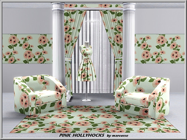 Sims 3 — Pink Hollyhock_marcorse by marcorse — Fabric pattern: pale pink hollyhock stalks and green leaves