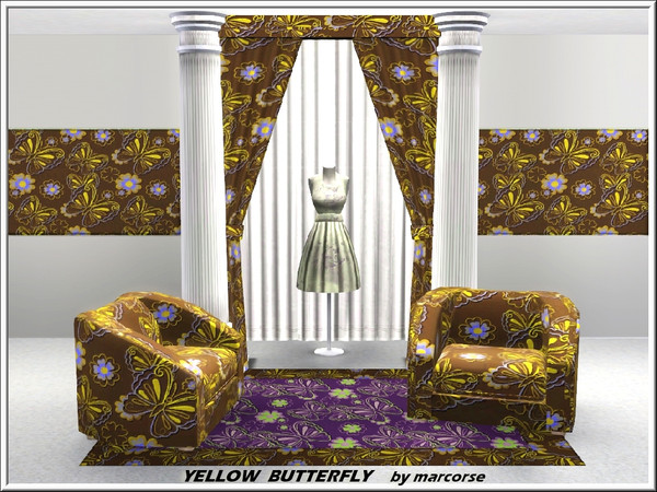 Sims 3 — Yellow Butterfly_marcorse by marcorse — Fabric pattern: brown and yellow butterflies and flowers on dark
