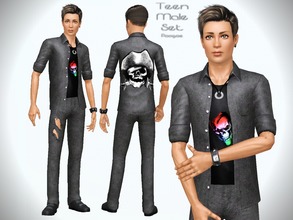 Sims 3 — TeenMaleSet by Paogae — A leather top and bottom for a hard outfit! Skulls on the shirt and on the back,
