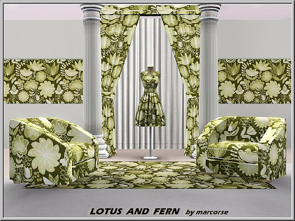 Sims 3 — Lotus and Fern_marcorse by marcorse — Fabric pattern: stylised lotus flowers and ferny fronds in yellow/green.