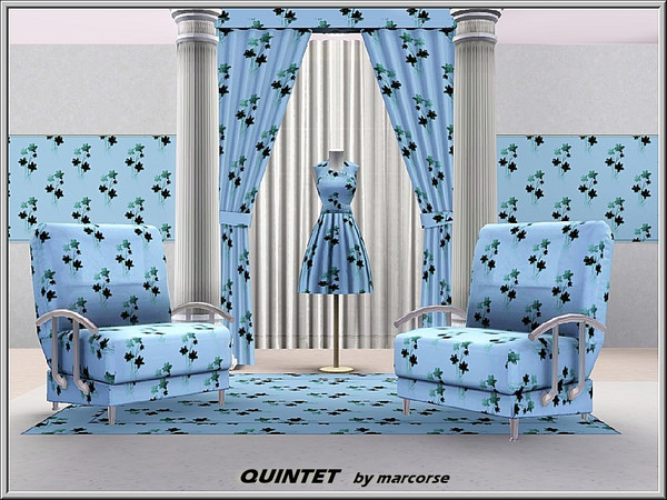 Sims 3 — Quintet_marcorse by marcorse — Fabric pattern: floral quintets in green and navy on pale blue
