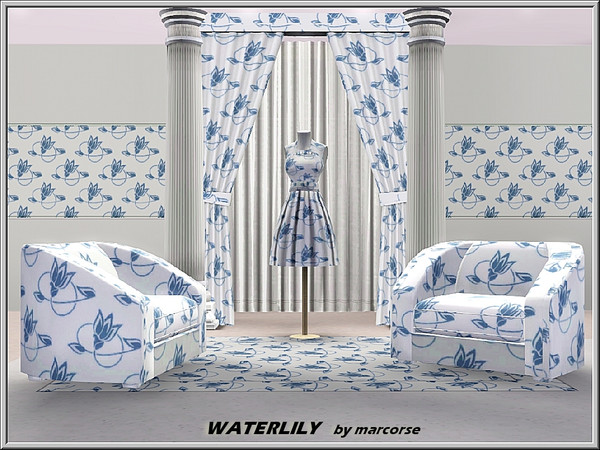 Sims 3 — Waterlily_marcorse by marcorse — Themed pattern: stylised waterlily flowers and scroll elements in blue on