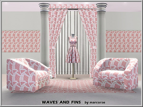 Sims 3 — Waves and Fins_marcorse by marcorse — Geometric pattern: pink and white, stylised waves and fins in a geometric