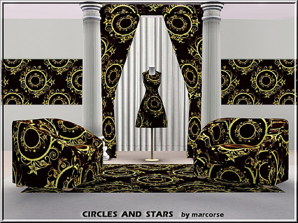 Sims 3 — Circles and Stars_marcorse by marcorse — Abstract pattern: floral circlets and star flowers in gold on deep