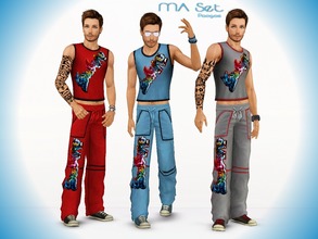 Sims 3 — MA Set by Paogae — A set for your male simmies, sleeveless top + baggy pants with colored print, for sport or