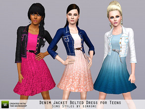 Sims 3 — Denim Jacket and Belted Ombre or Lace Dress for Teens by simromi — Classic denim jacket with bold stitching