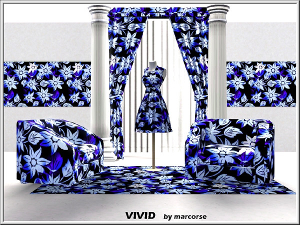 Sims 3 — Vivid_marcorse by marcorse — Fabric pattern: vivid purple/blue and white floral design on black