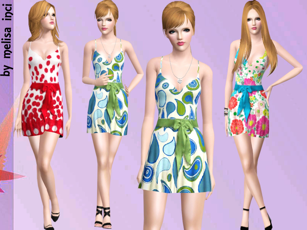The Sims Resource - Halter Bow Sash Belted Floral Skater Dress