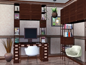 Sims 3 — Bradrick Study by Flovv — A wooden traditional (classical) style desk with shelves and cabinets even for modern