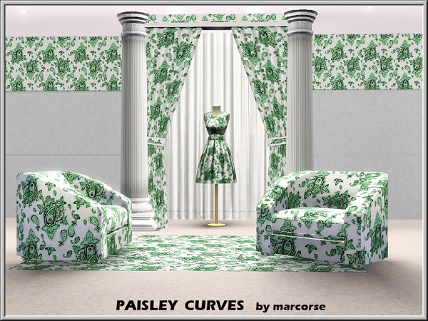 Sims 3 — Paisley Curves_marcorse by marcorse — Fabric pattern: green paisley design on white