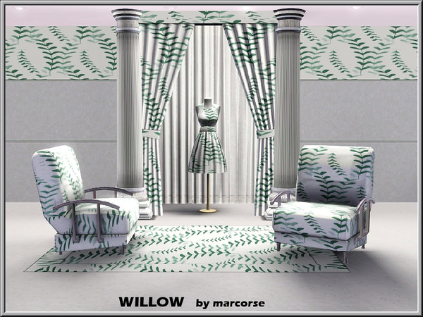 Sims 3 — Willow_marcorse by marcorse — Fabric pattern: stylised willow wands in green/grey on white.
