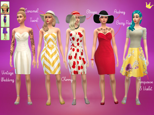 Sims 4 — 1950' Inspired Set by inabadromance — 4 dresses, 1 skirt, and 3 sun hats.