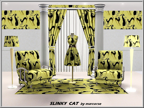 Sims 3 — Slinky Cat_marcorse by marcorse — Themed pattern: slinky black cats in various poses on yellow