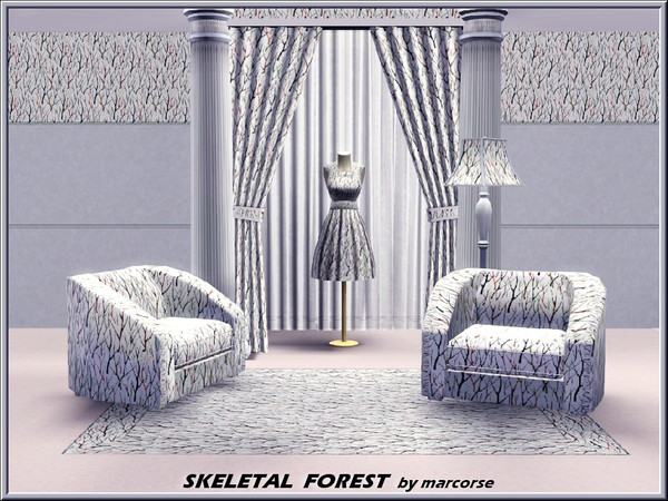 Sims 3 — Skeletal Forest_marcorse by marcorse — Abstract pattern: leafless trees in red, green and black on white.