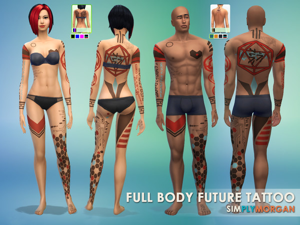 Sims 4 — Futuristic Tattoo (Full Body) by SimplyMorgan77 — A red, cyan, and black tattoo that is perfect for hackers,