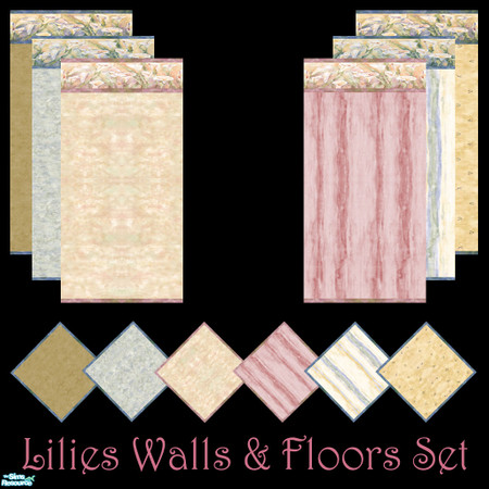 Sims 2 — Lilies Walls and Floors Set by Sheera — This set includes 12 items : 6 walls and their 6 matching floors. The