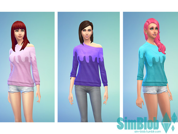 Sims 4 — Melting Sweaters by SimBlob — Three melting recolours of the off the shoulder sweater that comes with the game!
