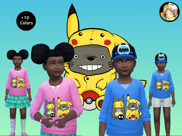 Sims 4 — Totorikachu - Long sleeve shirt for children by IamKupo — Pikachu loves Totoro but Totoro loves Pikachu much