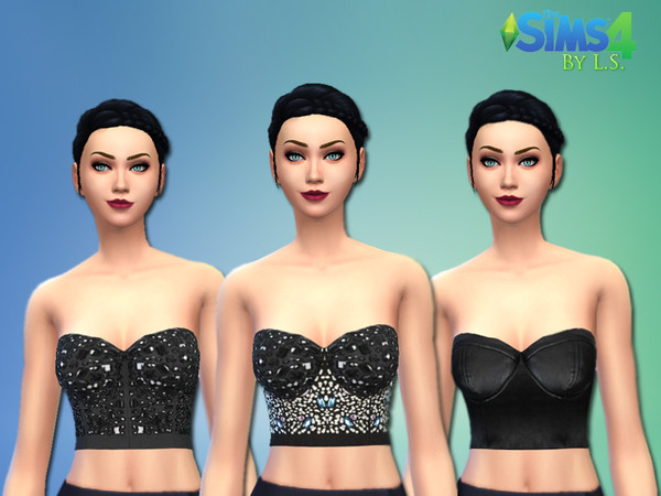 Sims 4 — Gems, Pearls and Leather Crop Tops by LadyShadows2 — The package contains : 1 - Black gems crop top 2 - Gems and