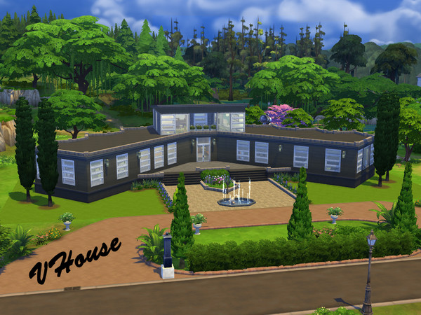 Sims 4 — VHouse by Sparky — Large V shaped house. Left wing - a large sunken living room with a music area. Middle -