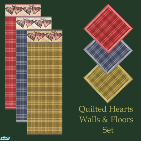 Sims 2 — Quilted Hearts Walls and Floors Set by Sheera — This set includes 6 items : 3 walls and their 3 matching floors.