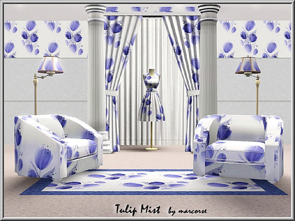 Sims 3 — Tulip Mist_marcorse by marcorse — Fabric pattern: stylised blue tulips in a misty design on white.
