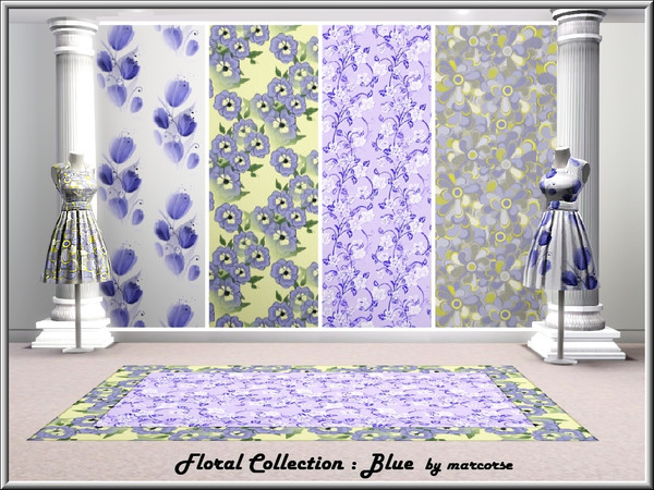 Sims 3 — Floral Collection - Blue_marcorse by marcorse — Four pretty blue floral Fabric patterns.