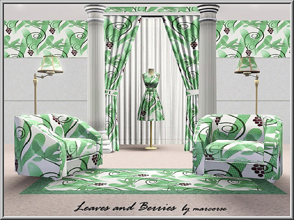Sims 3 — Leaves and Berries_marcorse by marcorse — Fabric pattern: stylised leaves,flowers and berries in purple and