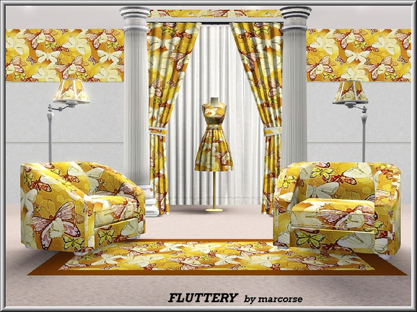 Sims 3 — Fluttery_marcorse by marcorse — Themed pattern: flights of red, yellow and white butterflies on amber.