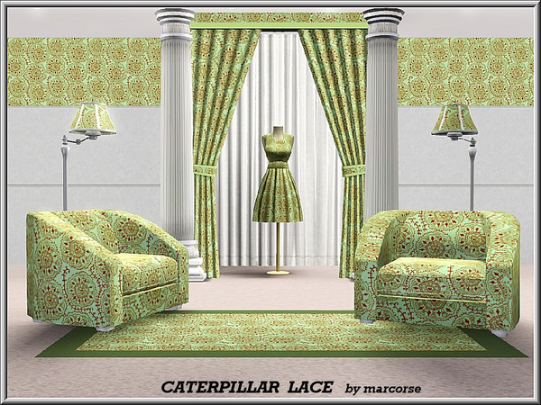Sims 3 — Caterpillar Lace_marcorse by marcorse — Geometric pattern: stylised red caterpillars and lace shapes on pale