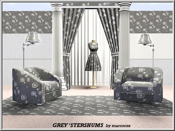 Sims 3 — Grey 'Stershums_marcorse by marcorse — Themed pattern: grey and white nasturtium clumps on grey