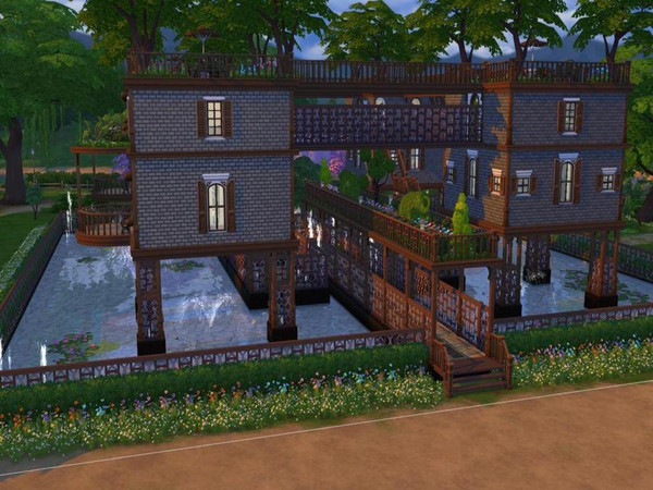 Sims 4 — La Fontaine by Black_Jill — This cottage style Sim home is set above a giant fountain filled with water spouts