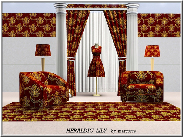 Sims 3 — Heraldic Lily_marcorse by marcorse — Fabric pattern: bold repeat pattern featuring an heraldic lily motif, gold