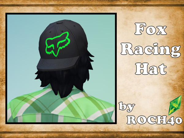 Sims 4 — Fox Racing Hat by ROCH40 — Black and Green Fox Racing backwards hat.