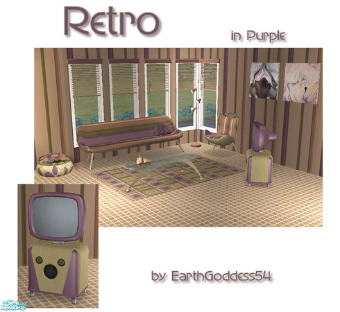 Sims 2 — Retro Living in Purple by EarthGoddess54 — A retro living room set in purples and beiges. Set includes