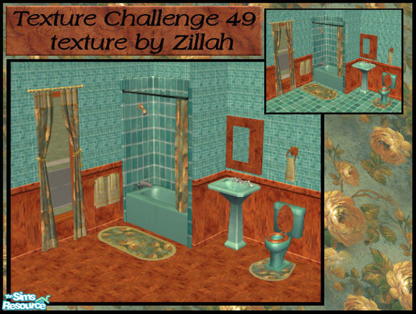 Sims 2 — TC49 Zillah's Bathroom by tlkaska — This teal tiled bathroom with yellow roses was designed for Texture