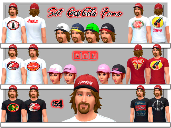 Sims 4 — Set Coca Cola Fans by rttraldi — 1 hat Coca Cola with Logo in 27 different colors. 1- T-shirt in 3 colors