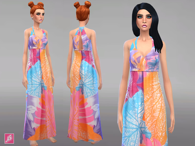 Sims 4 The Sims Resource | Neon Floral Halter Maxi Dress by TSR Creator