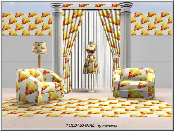 Sims 3 — Tulip Spiral_marcorse by marcorse — Fabric pattern: red tulip and variegated ribbon spiral on cream.