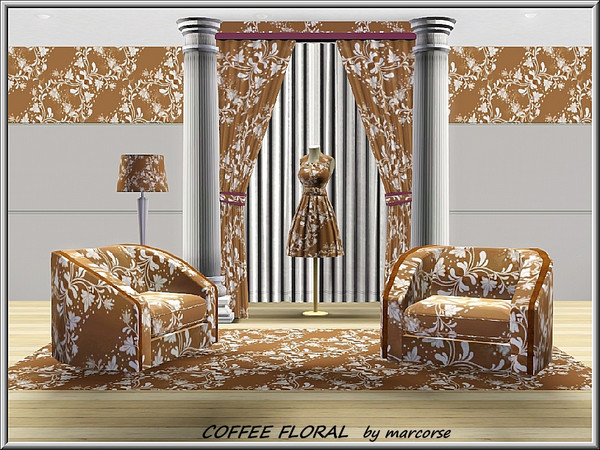 Sims 3 — Coffee Floral_marcorse by marcorse — Fabric pattern: diagonal floral design in white on coffee