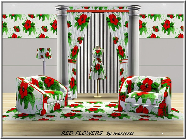 Sims 3 — Red Flowers_marcorse by marcorse — Fabric pattern: stylised red flowers and green leaves in a regular repeat.