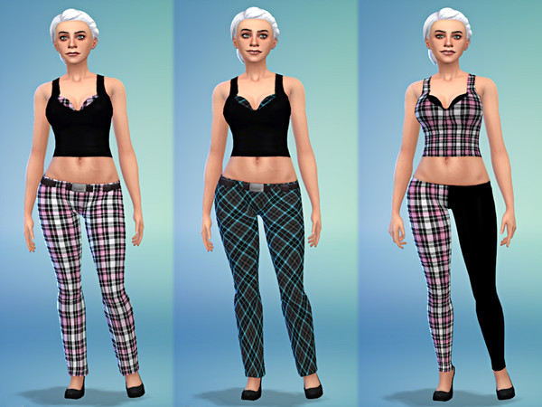 Sims 4 — Love of Plaid by Tacha752 — Various recolors of EA leggings, pants and tank tops in a plaid pattern.