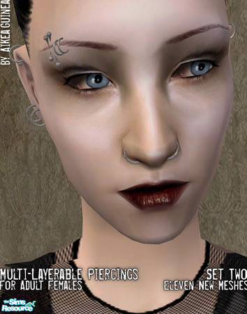 Sims 2 — Layerable Piercings for Adult Females - Set Two by aikea_guinea — Set includes 11 facial piercings that can be