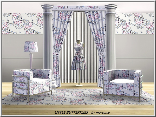 Sims 3 — Little Butterflies_marcorse by marcorse — Fabric pattern: a host of little butterflies in red and blue on white.