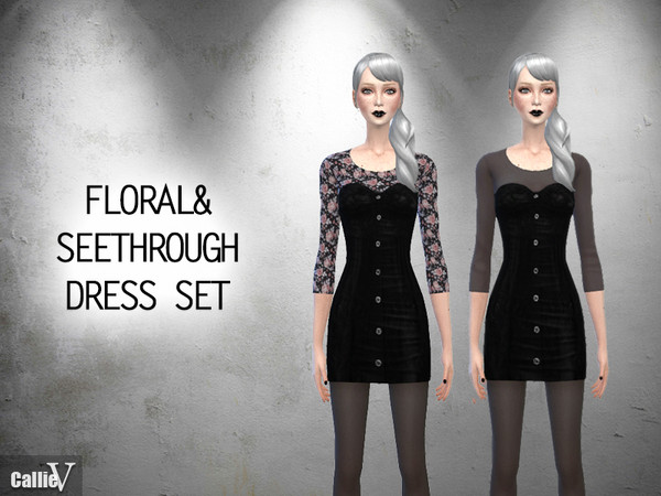Sims 4 — Floral and Seethrough Dress Set by Callie_V — This high quality texture dress set includes: -Floral midi sleeve