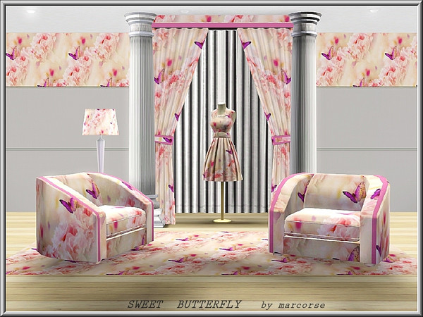 Sims 3 — Sweet Butterfly_marcorse by marcorse — Fabric pattern sweet design of pink flowers and hovering butterfly.