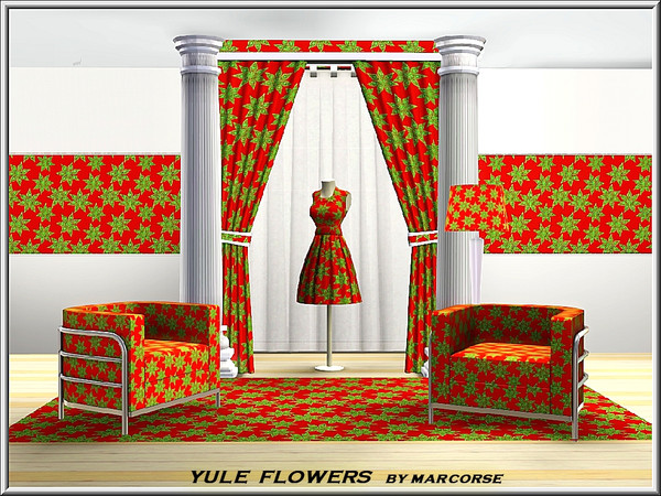Sims 3 — Yule Flowers_marcorse by marcorse — Fabric pattern: stylised green poinsettia on red . .bright Christmas design.