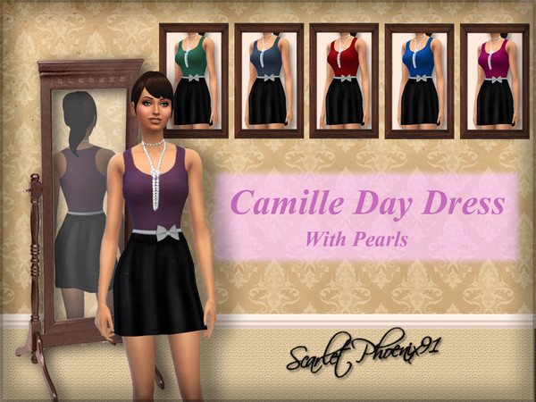 Sims 4 — Camille Day Dress With Pearls by scarletphoenix91 — This is an adorable day dress with a bow accent on the waist