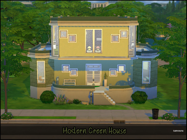 Sims 4 — Modern Green House by tamoura1 — A modern bungalow in green, featuring three bedrooms, two bathrooms, and room